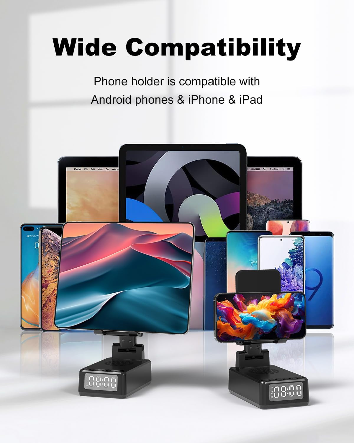 Birthday Gifts for Men Women,Cell Phone Stand with Wireless Bluetooth Speaker,Wireless Phone Charger Stand Alarm Clock for Iphone,Holiday Gifts for Men Women Dad Mom Husband Teen Cool Tech Gadgets