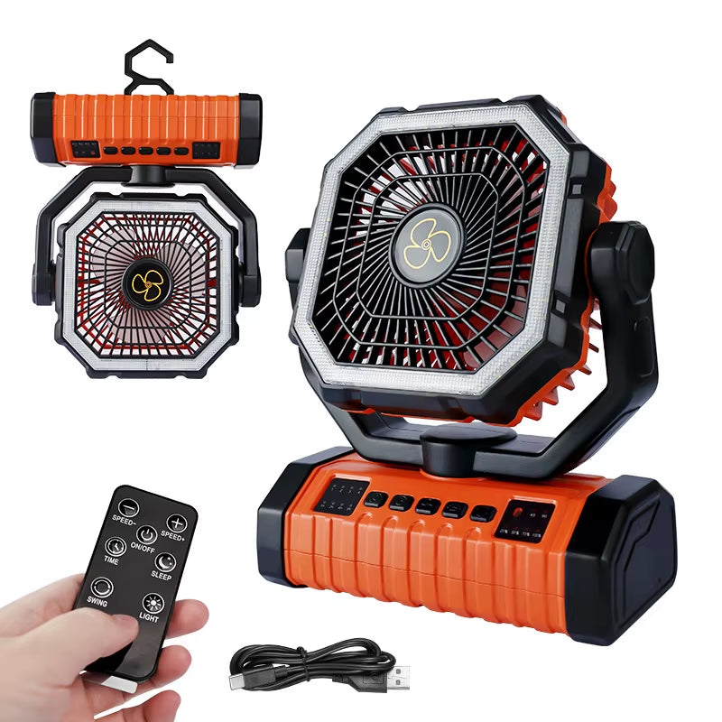 20,000mAh Rechargeable Camping Fan with LED Light and Remote Control, 4-Speed Timing Portable Tent Fan with Adjustable Hook Design for Outdoor Use