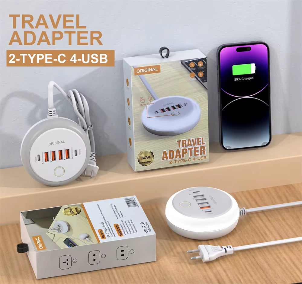 PD 50W Charger USB Type C 6 Ports QC3.0 Mobile Phone Wall Adapter with Touch LED Light for Iphone Samsung Xiaomi Travel Charger