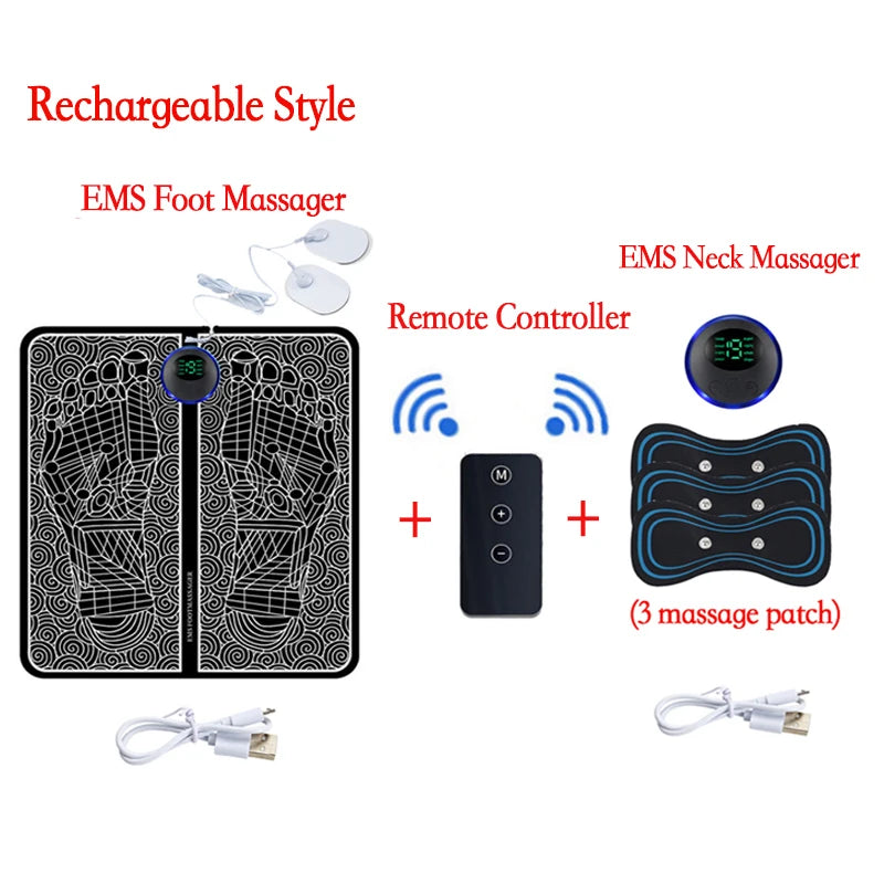 Rechargeable EMS Foot Massager Pad with Remote Control - Portable Electric Muscle Stimulation Mat for Pain Relief and Relaxation