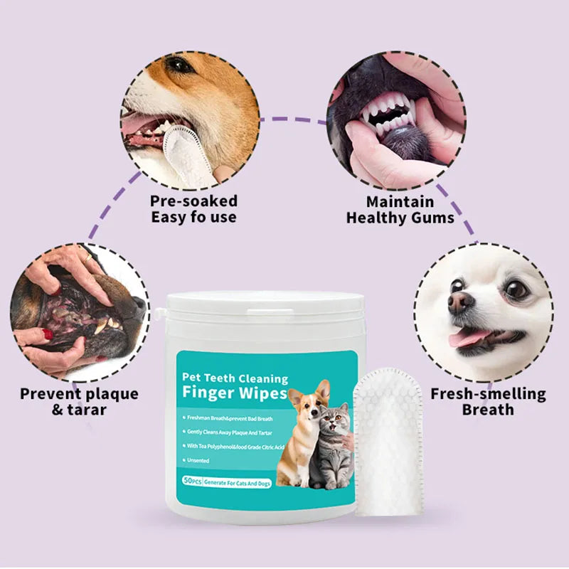 Pet Disposable Cleaning Wipes for Dog Teeth, Cat Ear and Eye Care - 50 Pack Hygiene and Beauty Products