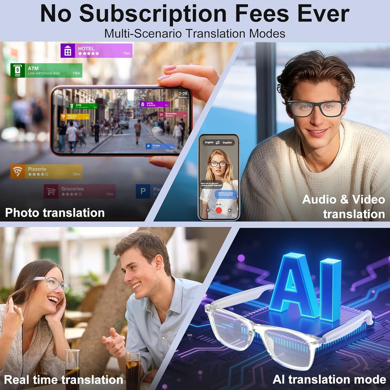 AI Smart Glasses for Men and Women with Chat GPT, Bluetooth Translation Glasses with 164 Languages and Color-Change Lens, Music Playback & Hands-Free Calls, UV & Blue Light Protection