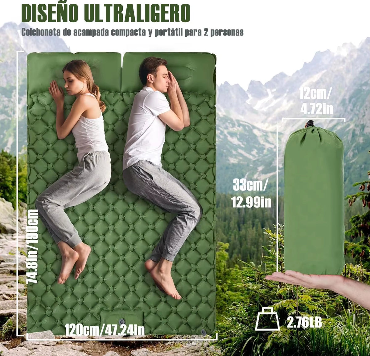 Extra Wide Ultralight Double Inflatable Camping Mattress - Folding Sleeping Pad for Car Travel