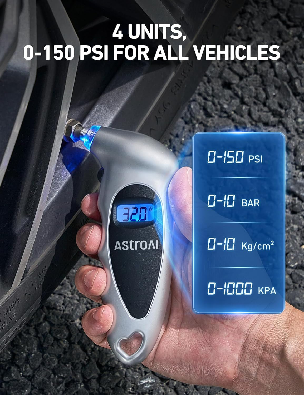 Digital Tire Pressure Gauge 0-150PSI Calibrated to ANSI B40.7 +/-1PSI, Accurate in 0.1 Increments, 4 Units for Car Truck Bicycle with Backlight LCD, Silver