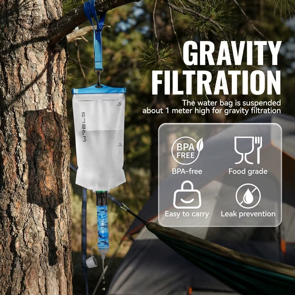 WRELS Outdoor Mini Water Purification Filter Straw with Carbon Fiber Water Bag for Camping and Emergency Preparedness