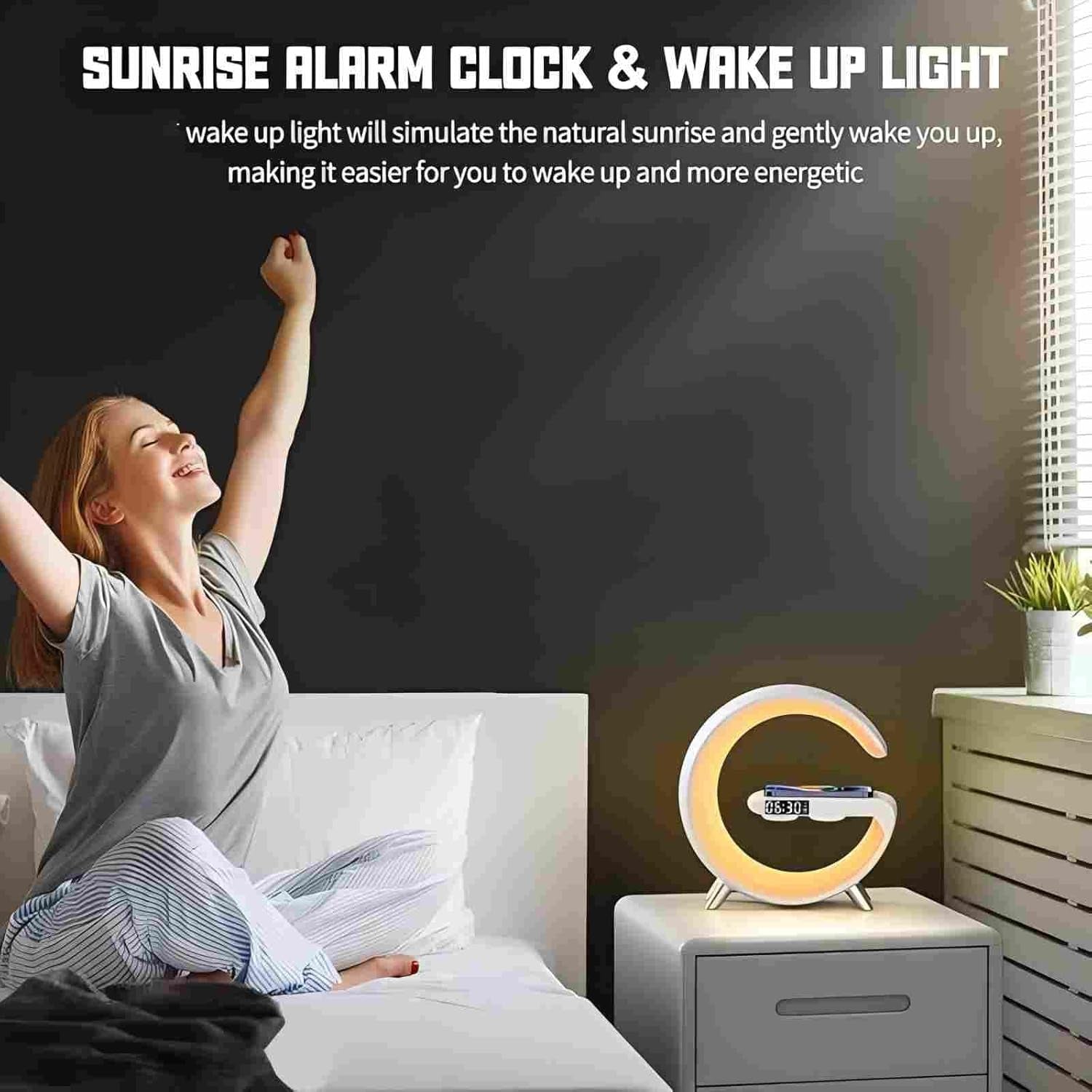 Bluetooth Speaker Lamp with Wireless Charger, RGB Night Light, Alarm Clock, App Control - White
