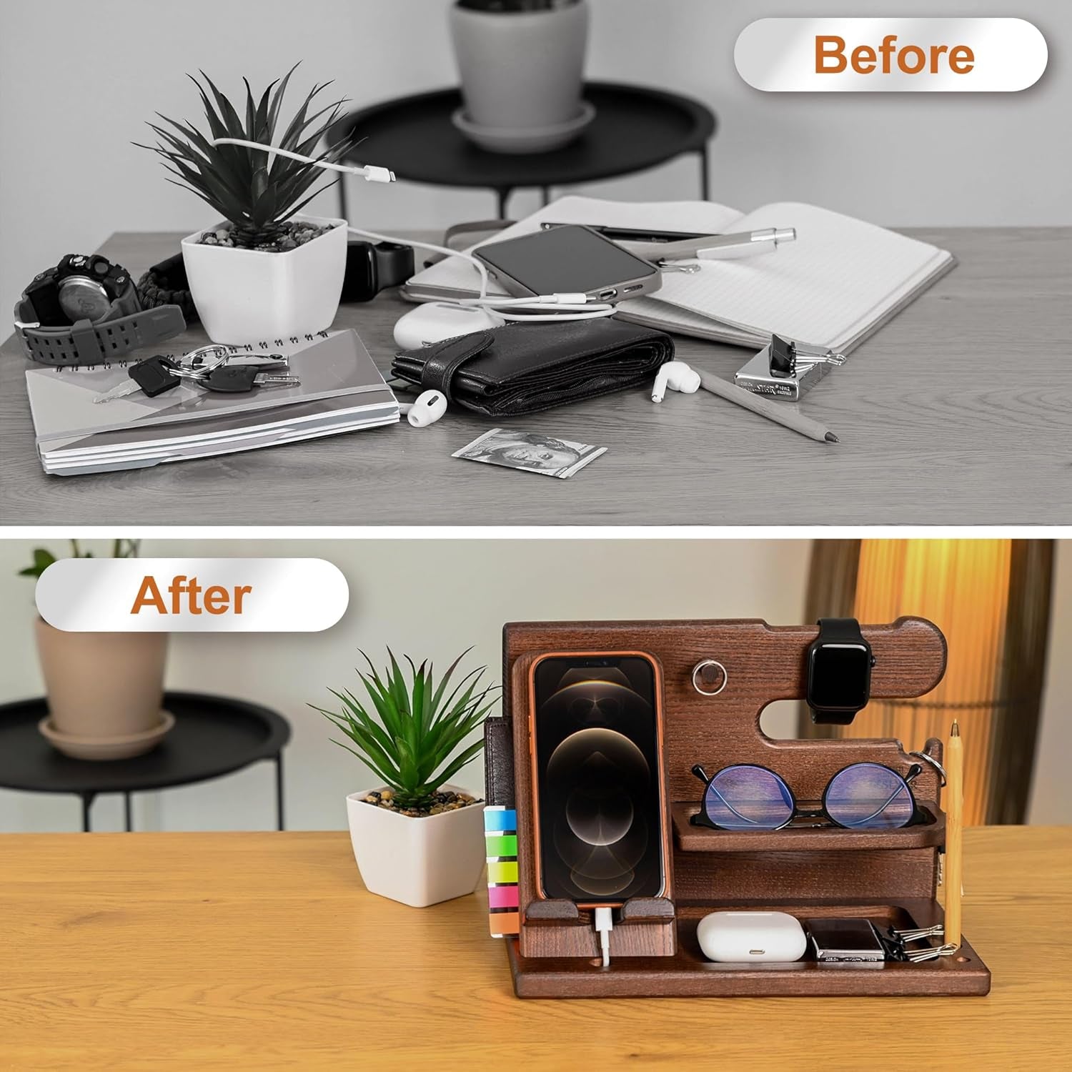 Wood Phone Docking Station for Men - Desk or Nightstand Organizer - Birthday Gifts for Husband, Dad - Anniversary Idea from Wife - Key Holder, Stand Wallet, Watch & Essentials (Bourbon Brown)