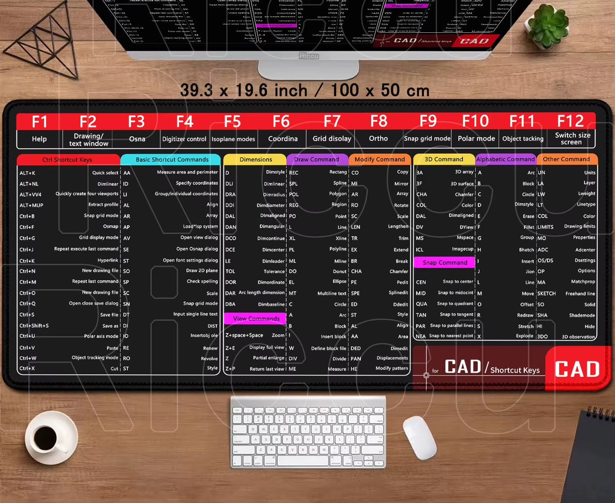 Professional Office Mouse Pad with AutoCAD Cheat Sheet - Large 100x50cm Gaming Desk Mat, Stitched Edge, Non-Slip Rubber Base