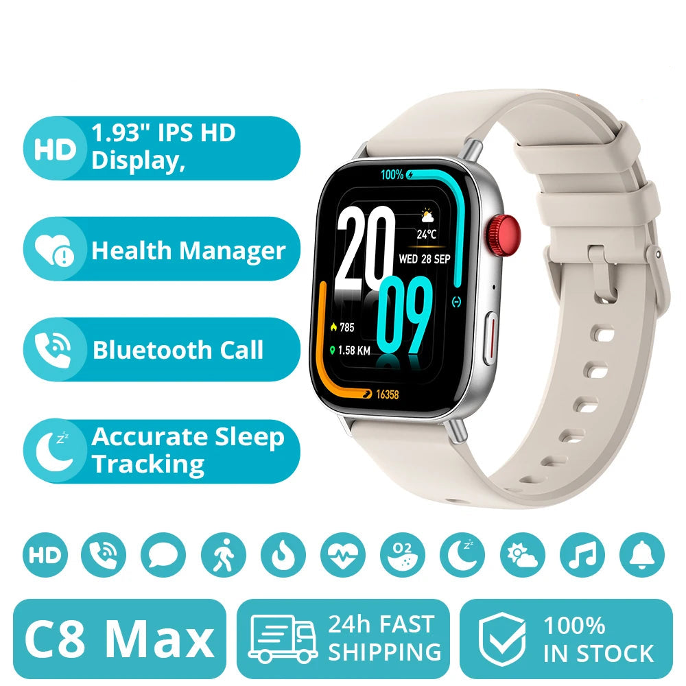 C8 Max Voice Calling Smart Watch with 1.93" HD Color Display and Comprehensive Health and Fitness Tracking for Men and Women