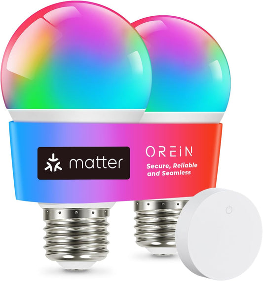 Matter Smart Light Bulb, Smart Light Bulbs with Remote Control Work with Apple Home, Alexa, Google Home, Smartthings, Color Changing Light Bulbs 2.4Ghz Wifi, 800 Lumens Equivalent 60W 2Pack