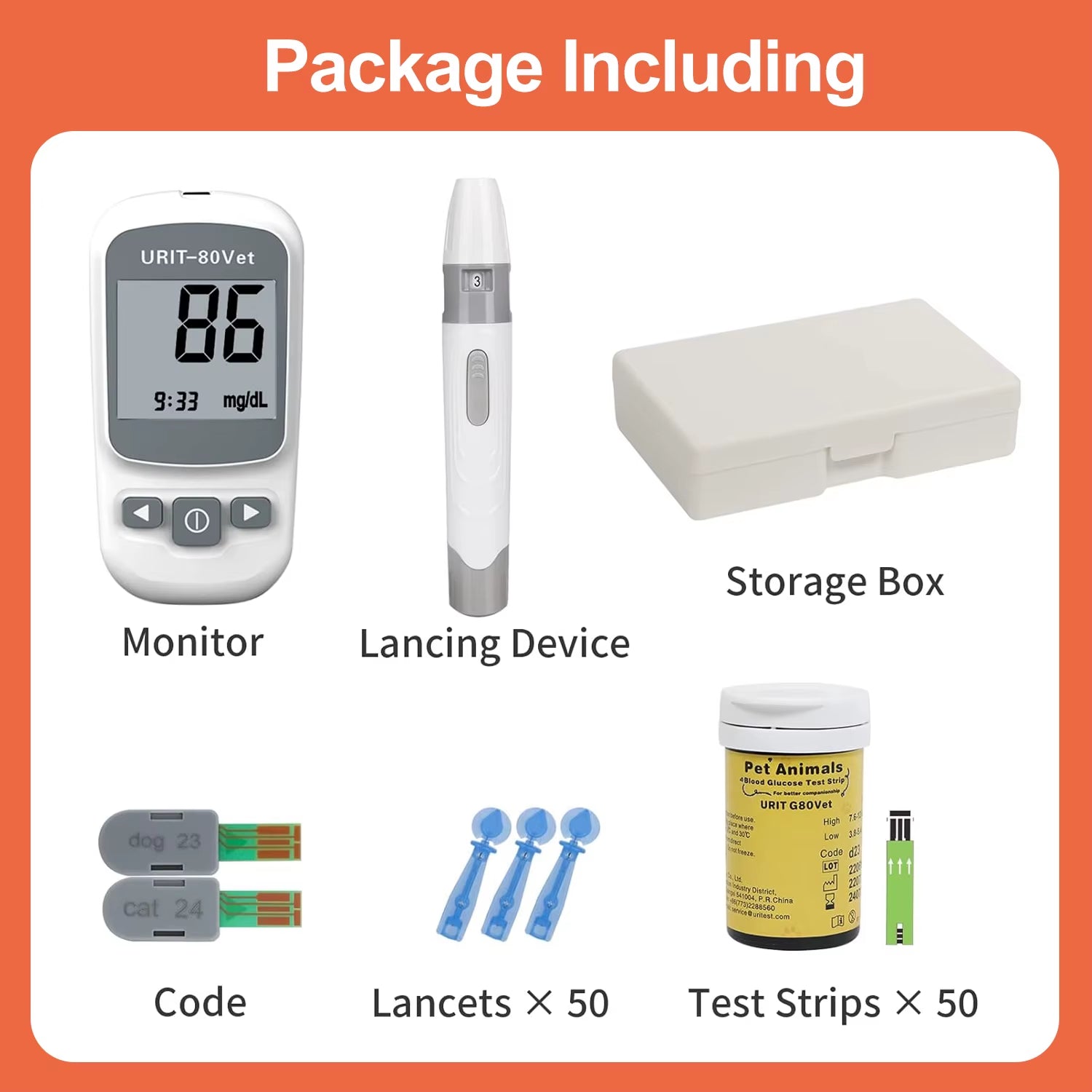 Glucose Monitoring Kit for Dogs & Cats, Pet Blood Sugar Monitor with Pain-Free & Easy Shuttle, No-Coding Kits with 50 Strips