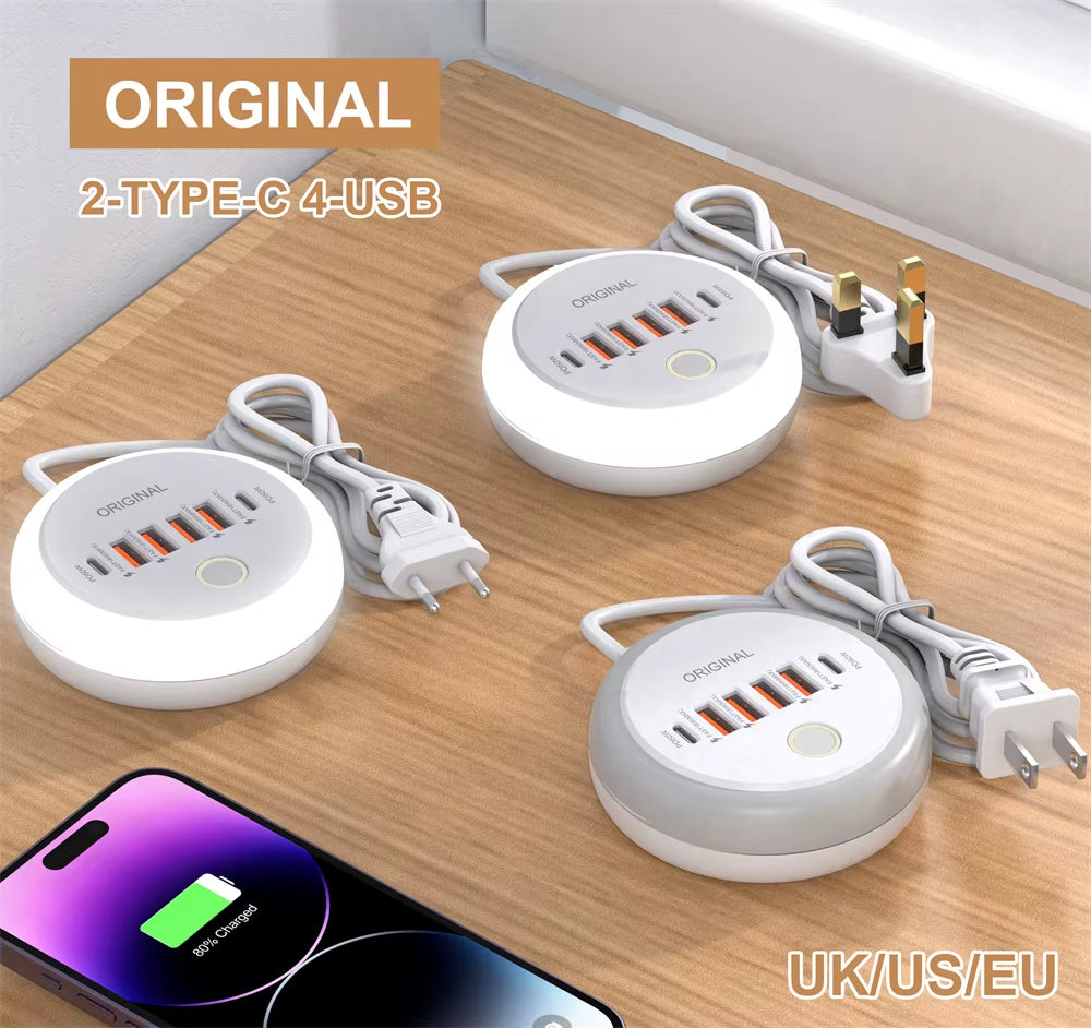 PD 50W Charger USB Type C 6 Ports QC3.0 Mobile Phone Wall Adapter with Touch LED Light for Iphone Samsung Xiaomi Travel Charger