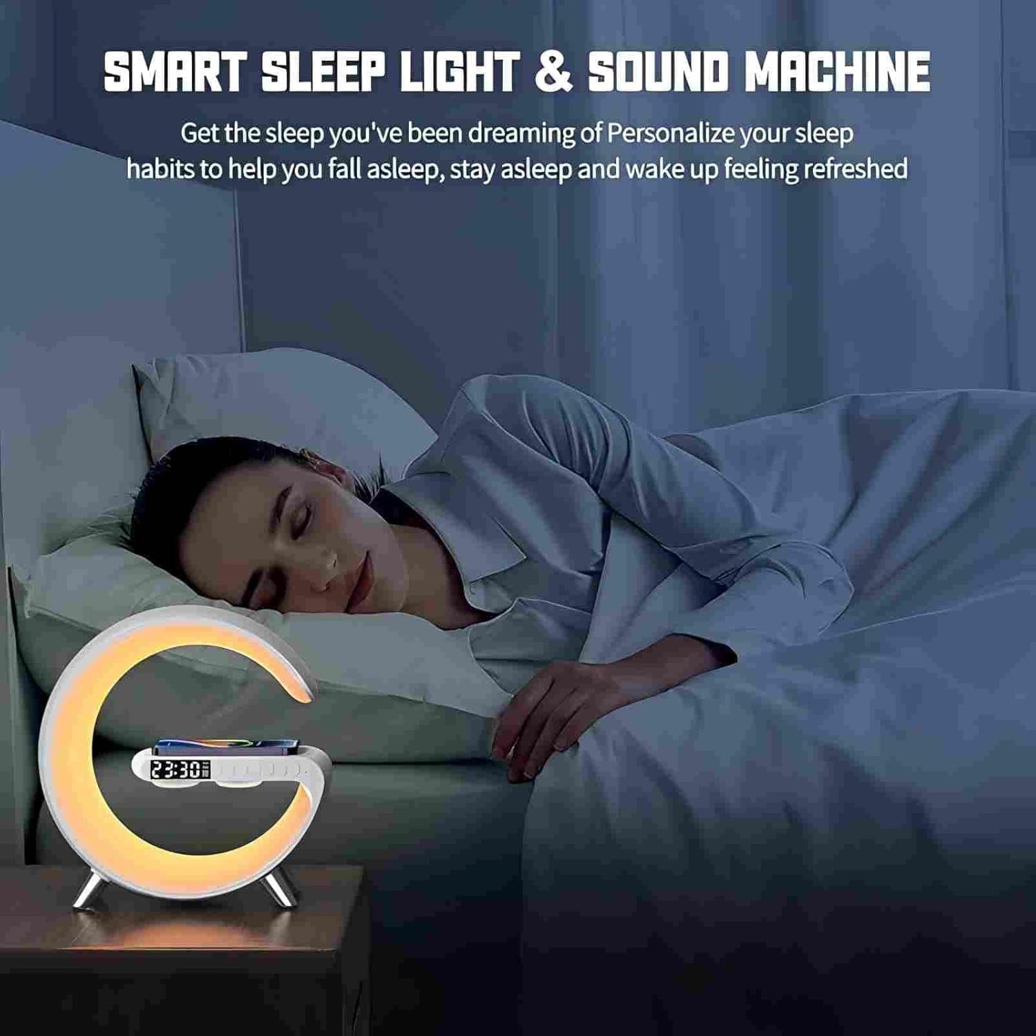 Bluetooth Speaker Lamp with Wireless Charger, RGB Night Light, Alarm Clock, App Control - White