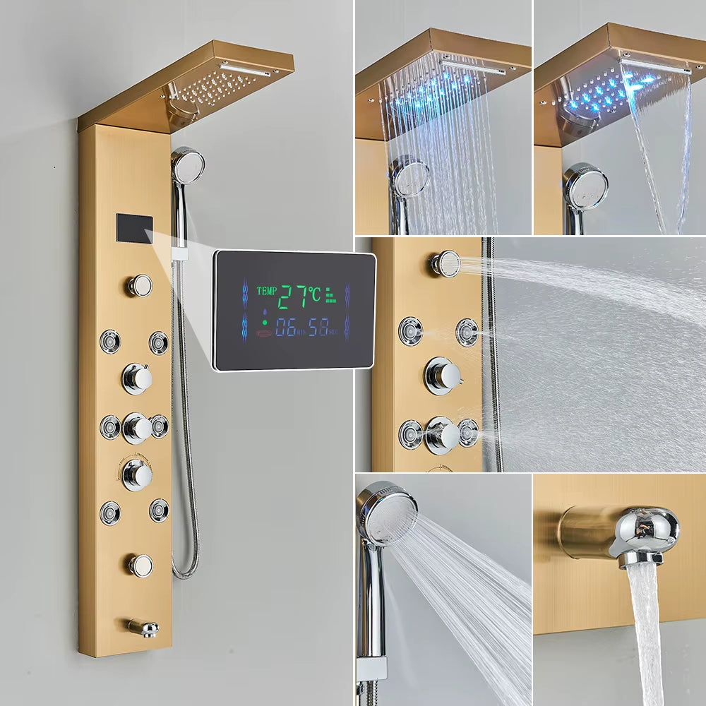 Newly Luxury Black/Brushed Bathroom Shower Faucet LED Shower Panel Column Bathtub Mixer Tap with Hand Shower Temperature Screen
