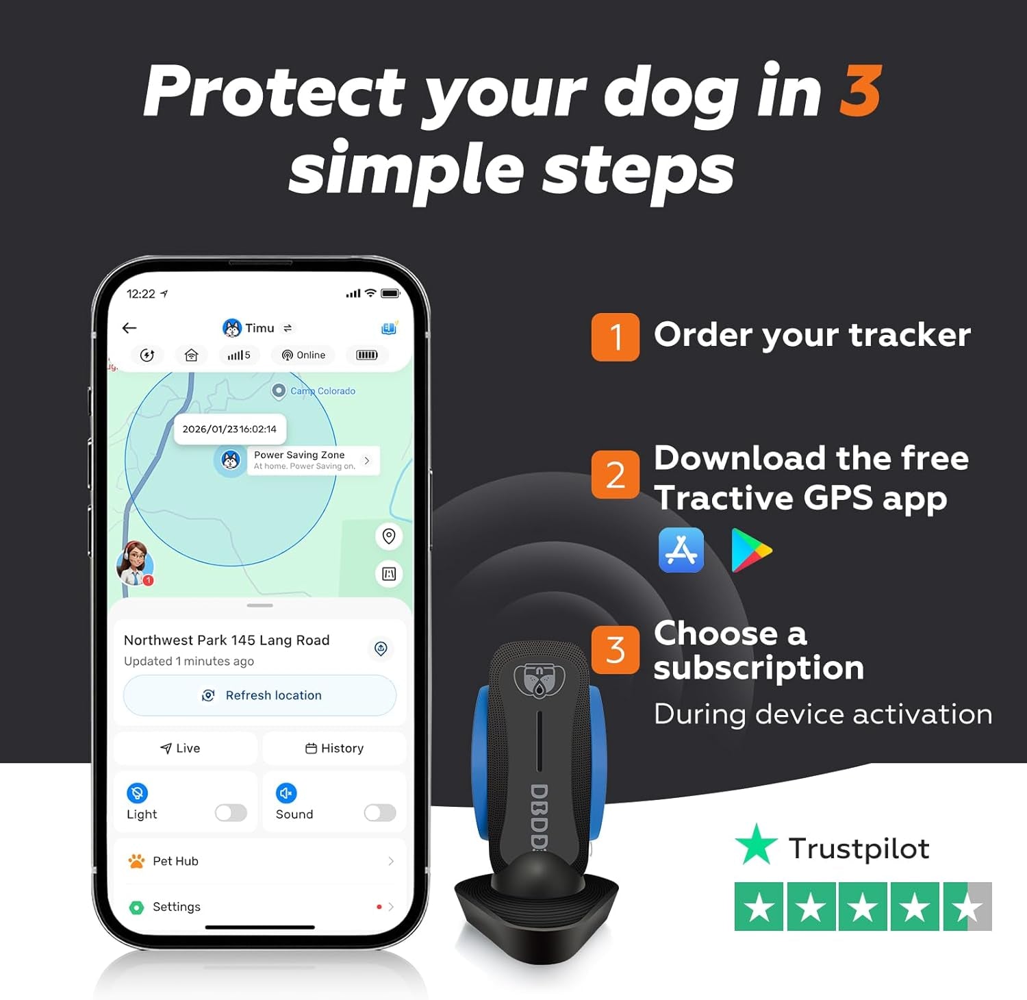 AI GPS Tracker for Dogs (30Lbs+), Real Time Location and AI Health Assistant, Electronic Fence, Waterproof, Ios and Android Universal (D5-Black)