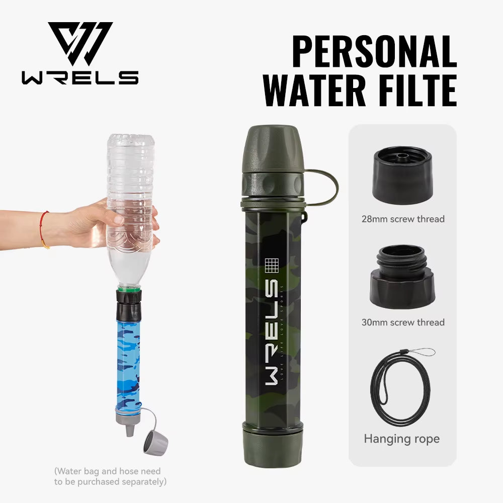 WRELS Outdoor Mini Water Purification Filter Straw with Carbon Fiber Water Bag for Camping and Emergency Preparedness