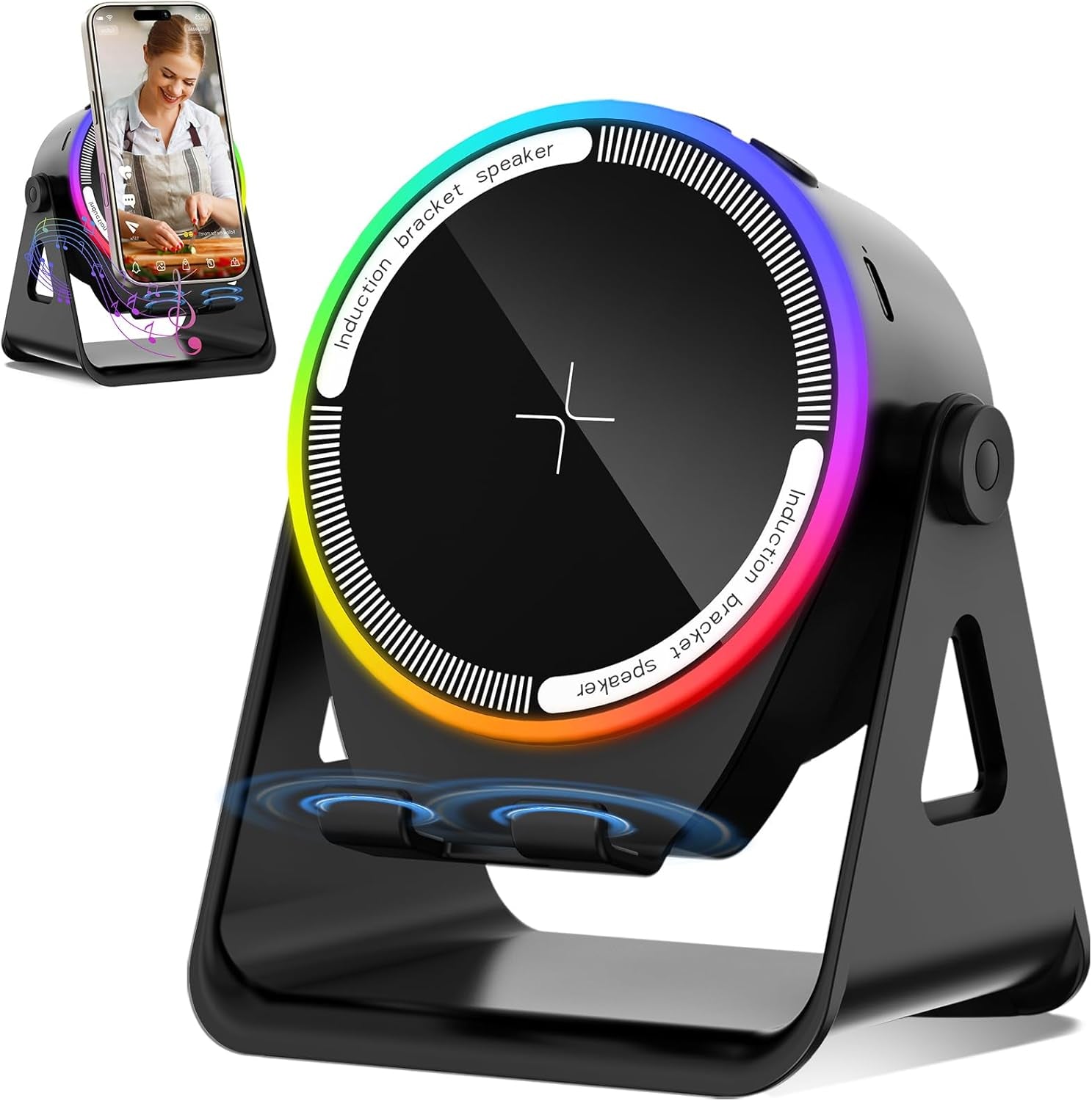 Wireless Induction Speaker, 5-In-1 Bluetooth 5.3 Phone Stand with 360° Rotation & RGB Ambient Light - Cool Tech Gadgets Gifts for Men Women Dad Mom - Compatible Iphone/Android/Ipad/Samsung (Black)