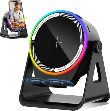 Wireless Induction Speaker, 5-In-1 Bluetooth 5.3 Phone Stand with 360° Rotation & RGB Ambient Light - Cool Tech Gadgets Gifts for Men Women Dad Mom - Compatible Iphone/Android/Ipad/Samsung (Black)