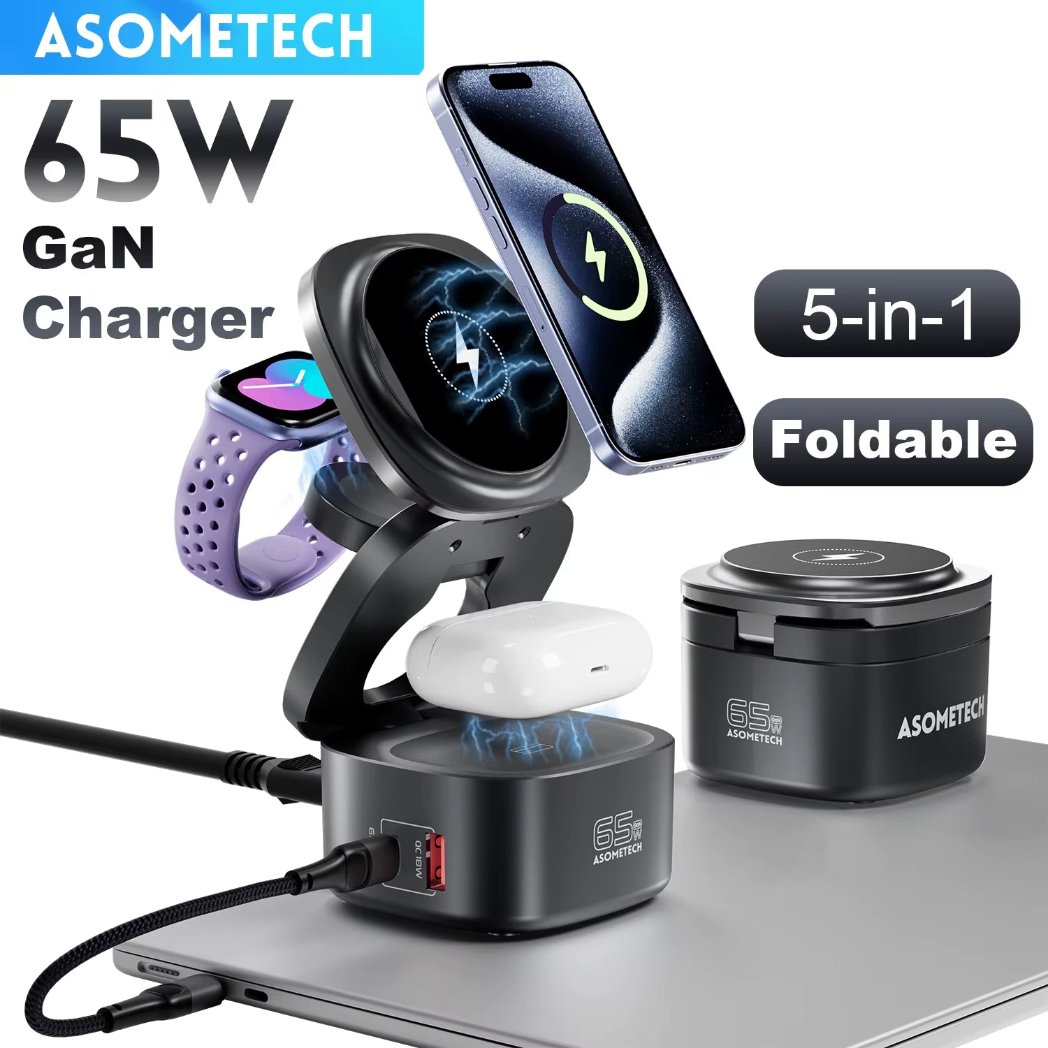 65W Gan Fast Charger for Macbook Samsung Magnetic 5 in 1 Foldable Wireless Charger Station for Iphone 16 Iwatch Airpod