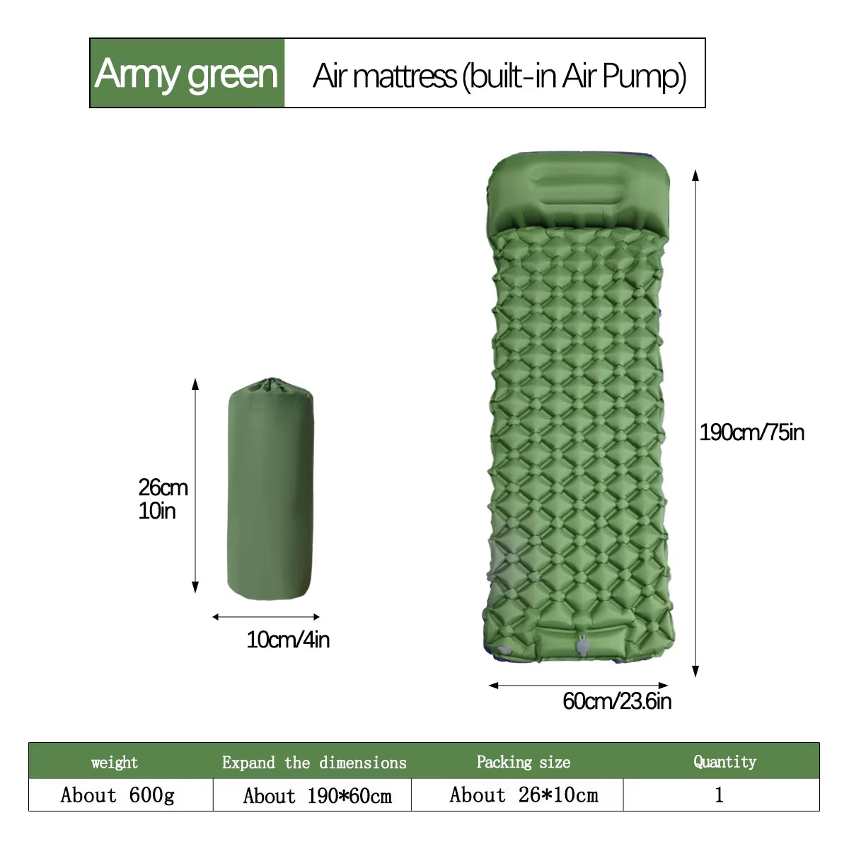 Ultralight Inflatable Camping Mattress with Built-in Pump and Pillows for Hiking