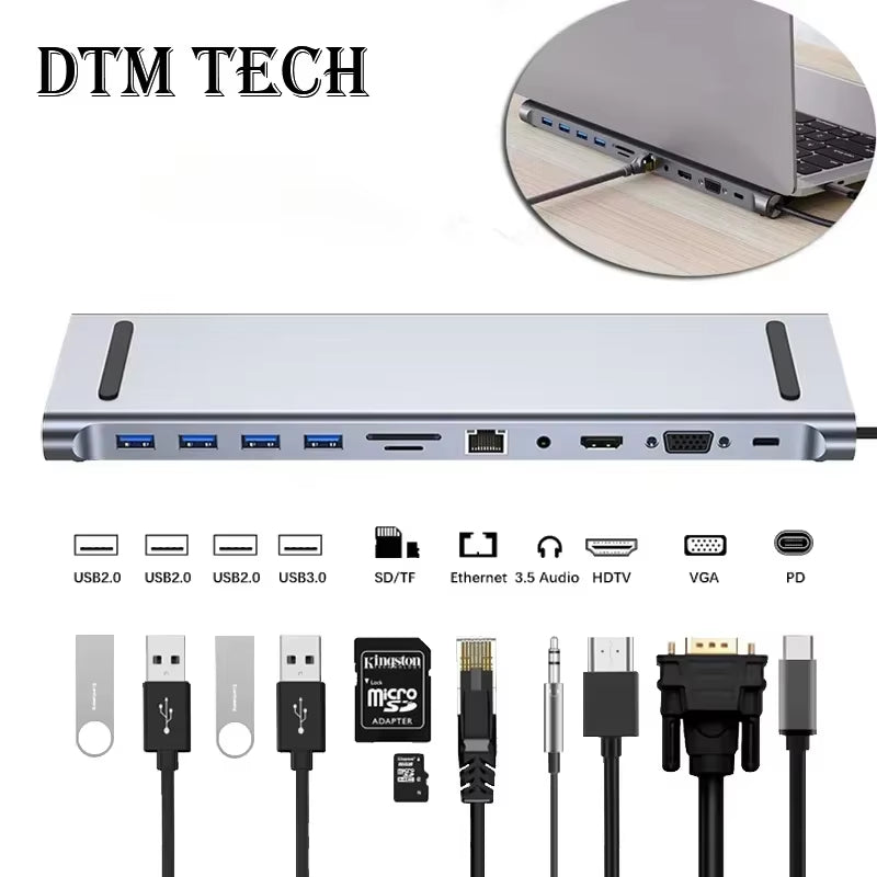 11/12-In-1 Type C Dock USB C Hub 3.0 Splitter Multiport Adapter 4K RJ45 SD/TF VGA Hdmi-Compatible Laptop Macbook Ipad Xiaomi