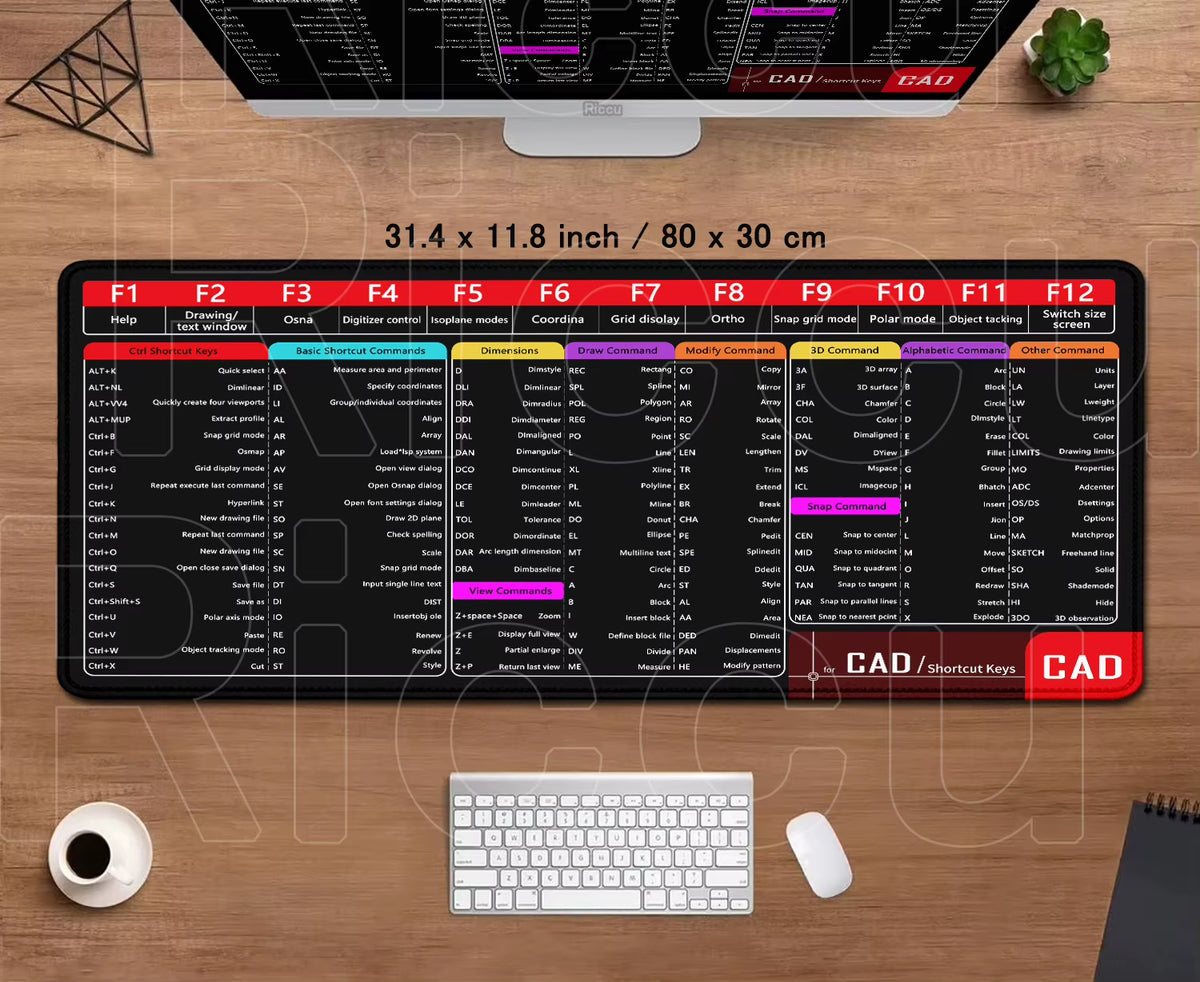 Professional Office Mouse Pad with AutoCAD Cheat Sheet - Large 100x50cm Gaming Desk Mat, Stitched Edge, Non-Slip Rubber Base