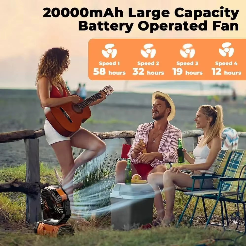 20,000mAh Rechargeable Camping Fan with LED Light and Remote Control, 4-Speed Timing Portable Tent Fan with Adjustable Hook Design for Outdoor Use