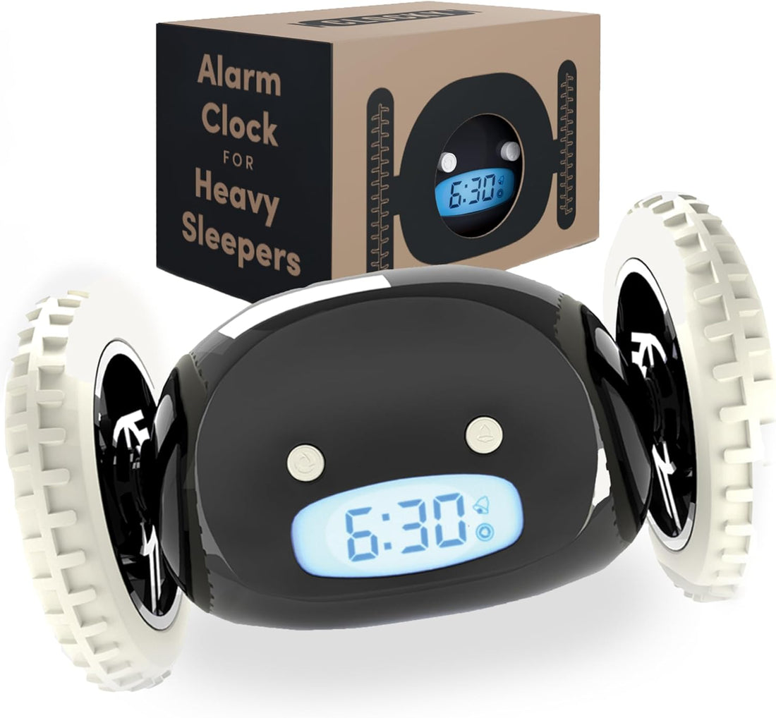 Alarm Clock on Wheels – Loud Rolling Alarm Clock for Heavy Sleepers | Runaway Clock That Jumps & Runs to Wake You up | Funny Unique Gift for Adults, Teens & Kids Bedrooms (Black)