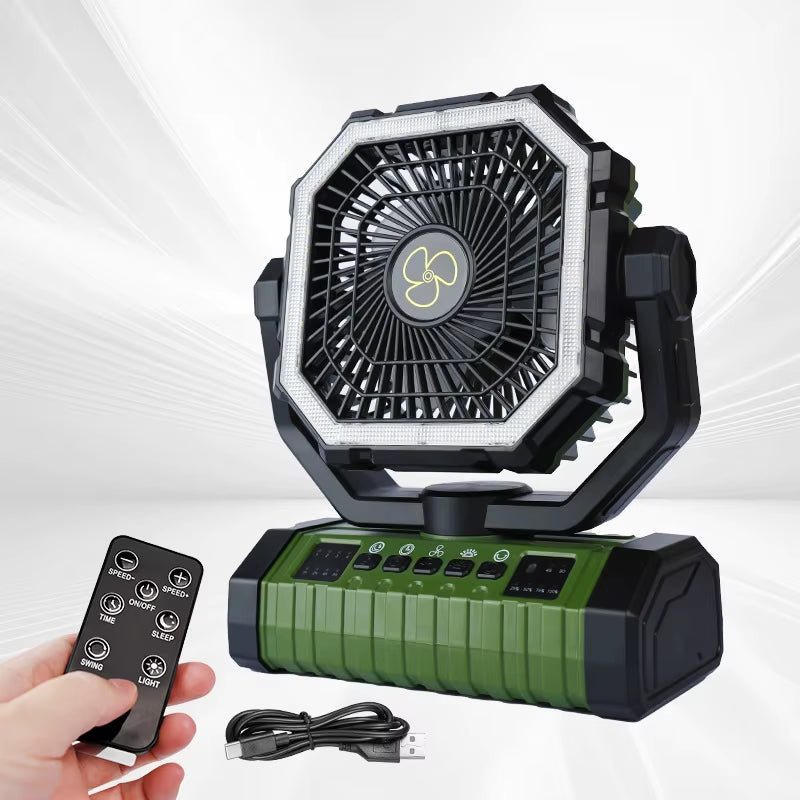 20,000mAh Rechargeable Camping Fan with LED Light and Remote Control, 4-Speed Timing Portable Tent Fan with Adjustable Hook Design for Outdoor Use
