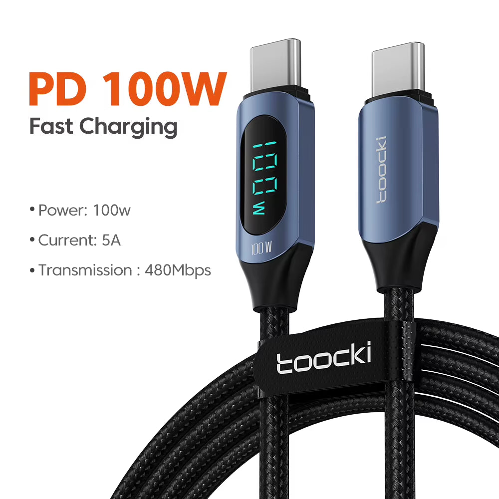 100W USB-C Cable with 5A LED Digital Display for High-Speed Charging and Data Transfer Compatible with Samsung, Xiaomi, POCO, and Huawei