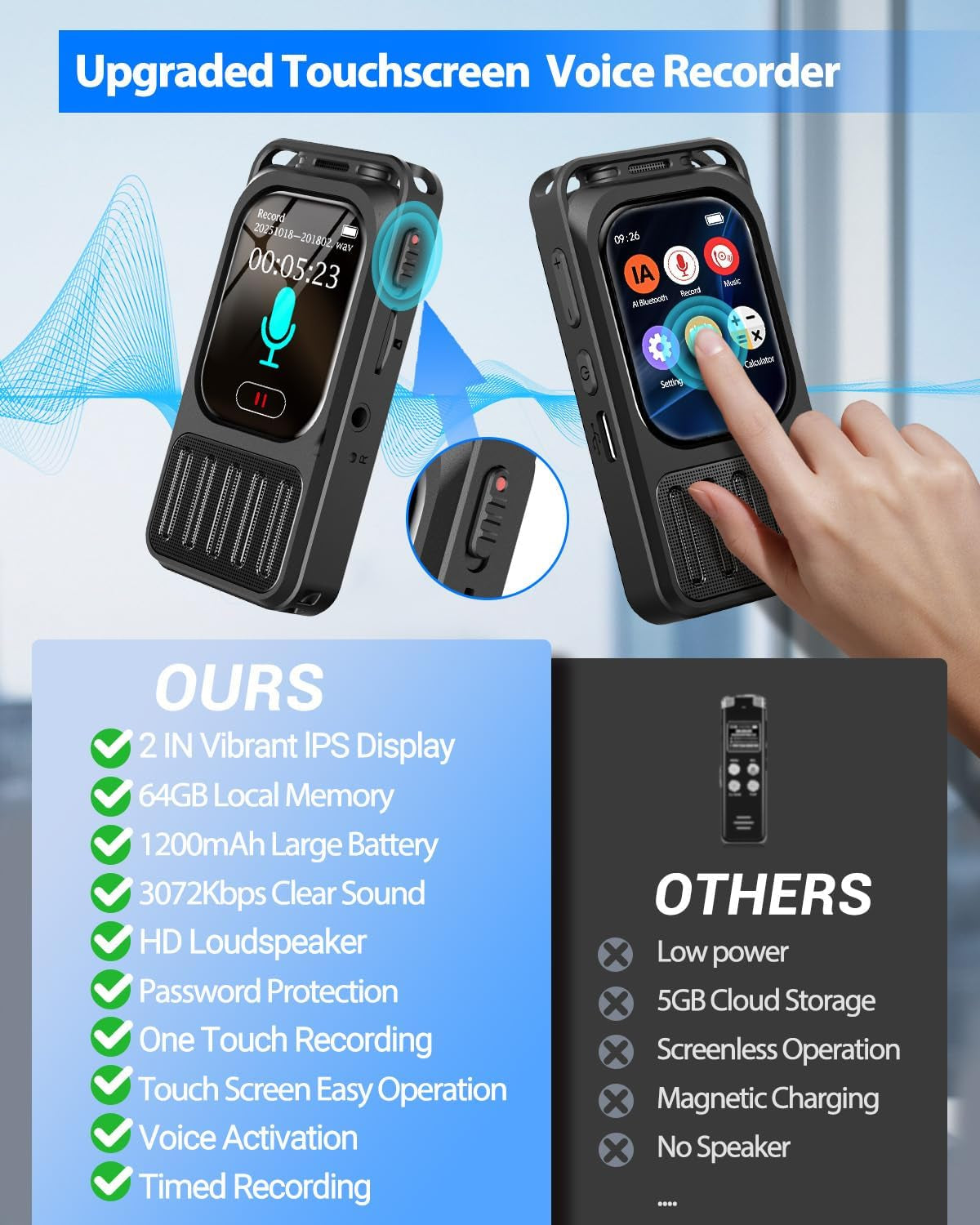 2" Touchscreen Digital Voice Recorder with Playback,  64GB 100Hrs Recording Device with Noise Reduction, Password, Real-Time Transcribe Summarize MP3 for Meetings Interviews Lectures