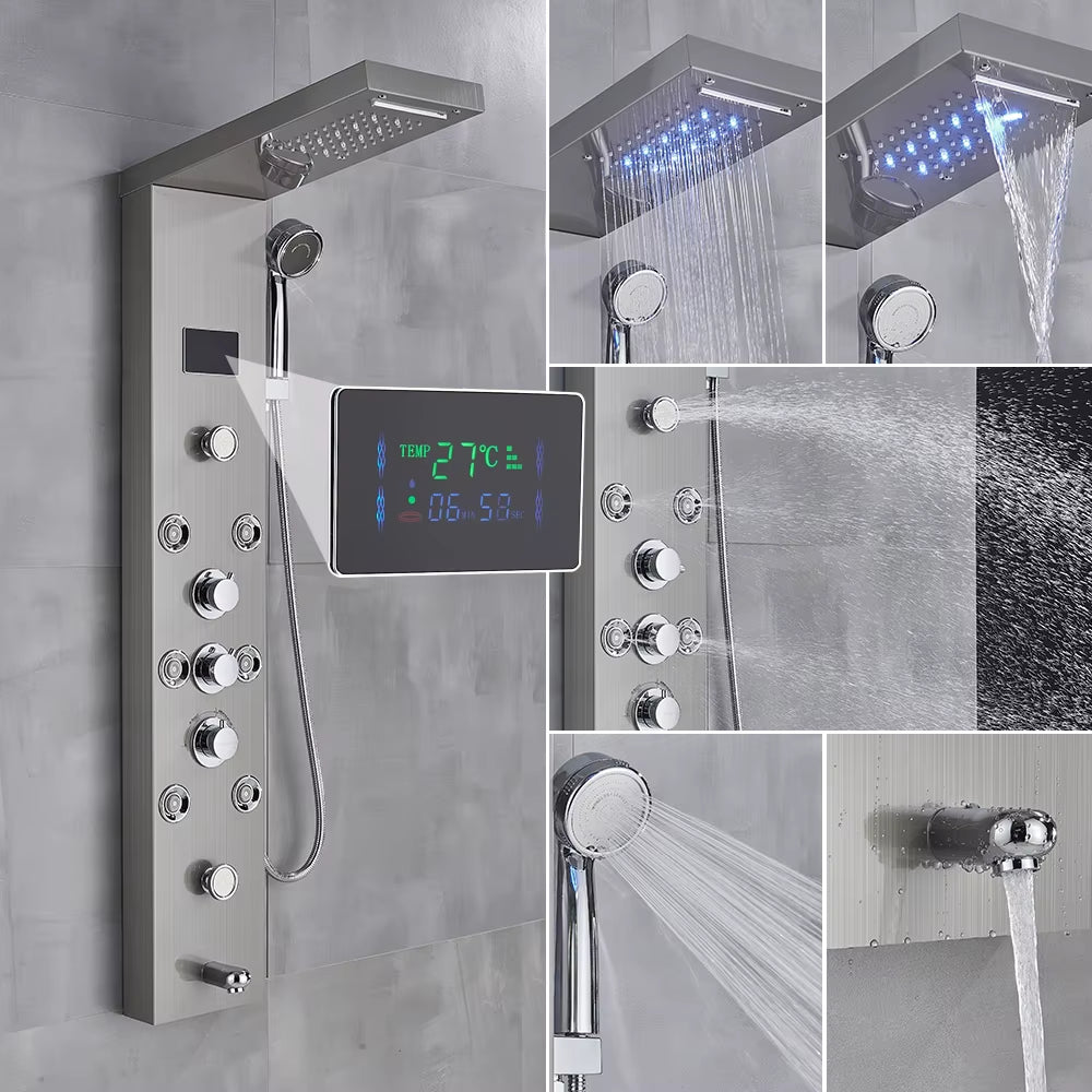 Newly Luxury Black/Brushed Bathroom Shower Faucet LED Shower Panel Column Bathtub Mixer Tap with Hand Shower Temperature Screen