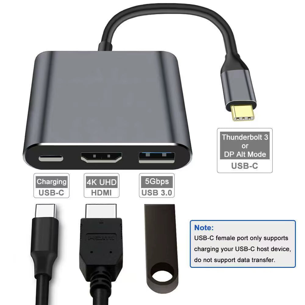 3-in-1 USB-C Hub: Type-C PD 100W, HDMI 4K/30Hz, USB 3.0