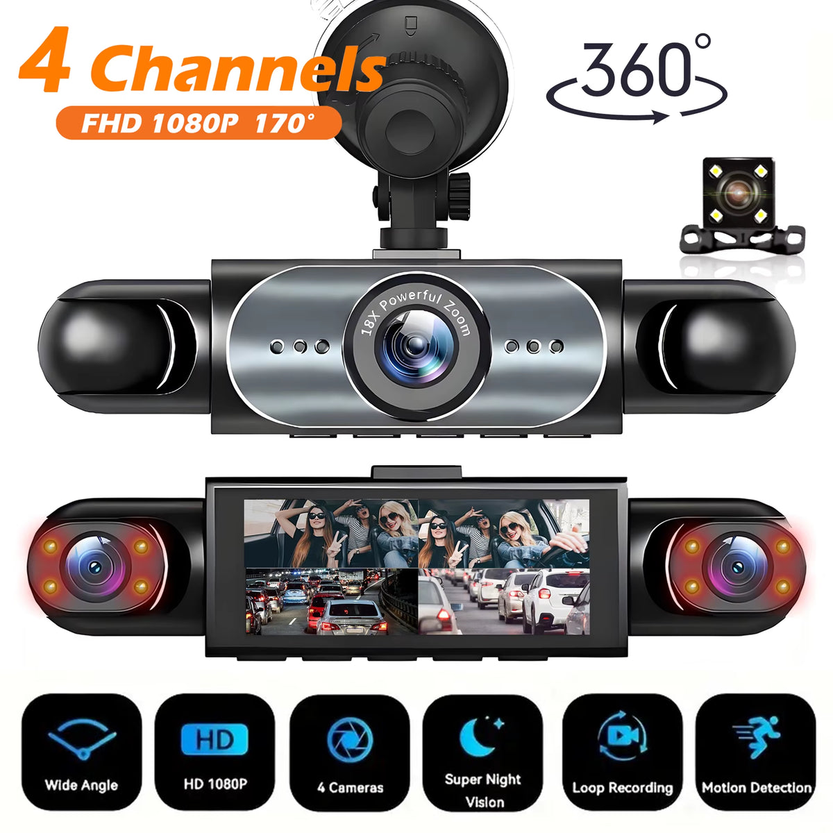4-Channel 360° Dash Cam with Night Vision, 24/7 Parking Monitoring, G-Sensor, and Loop Recording