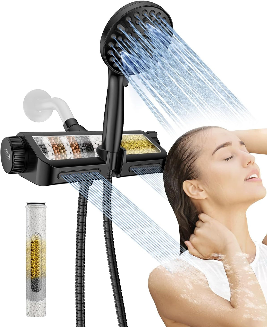 Filtered Shower Head with Handheld Combo Matte Black - Dual 2-In-1 Spa System with Massage Shower and 10 Modes Hand Held Shower, High Pressure with Built in Power Wash Mode