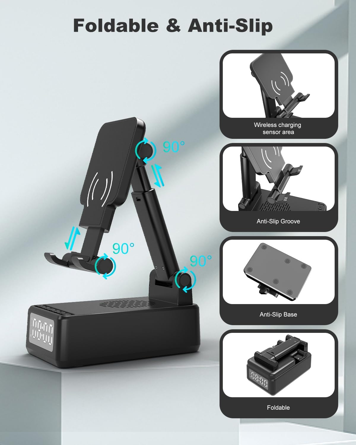Birthday Gifts for Men Women,Cell Phone Stand with Wireless Bluetooth Speaker,Wireless Phone Charger Stand Alarm Clock for Iphone,Holiday Gifts for Men Women Dad Mom Husband Teen Cool Tech Gadgets