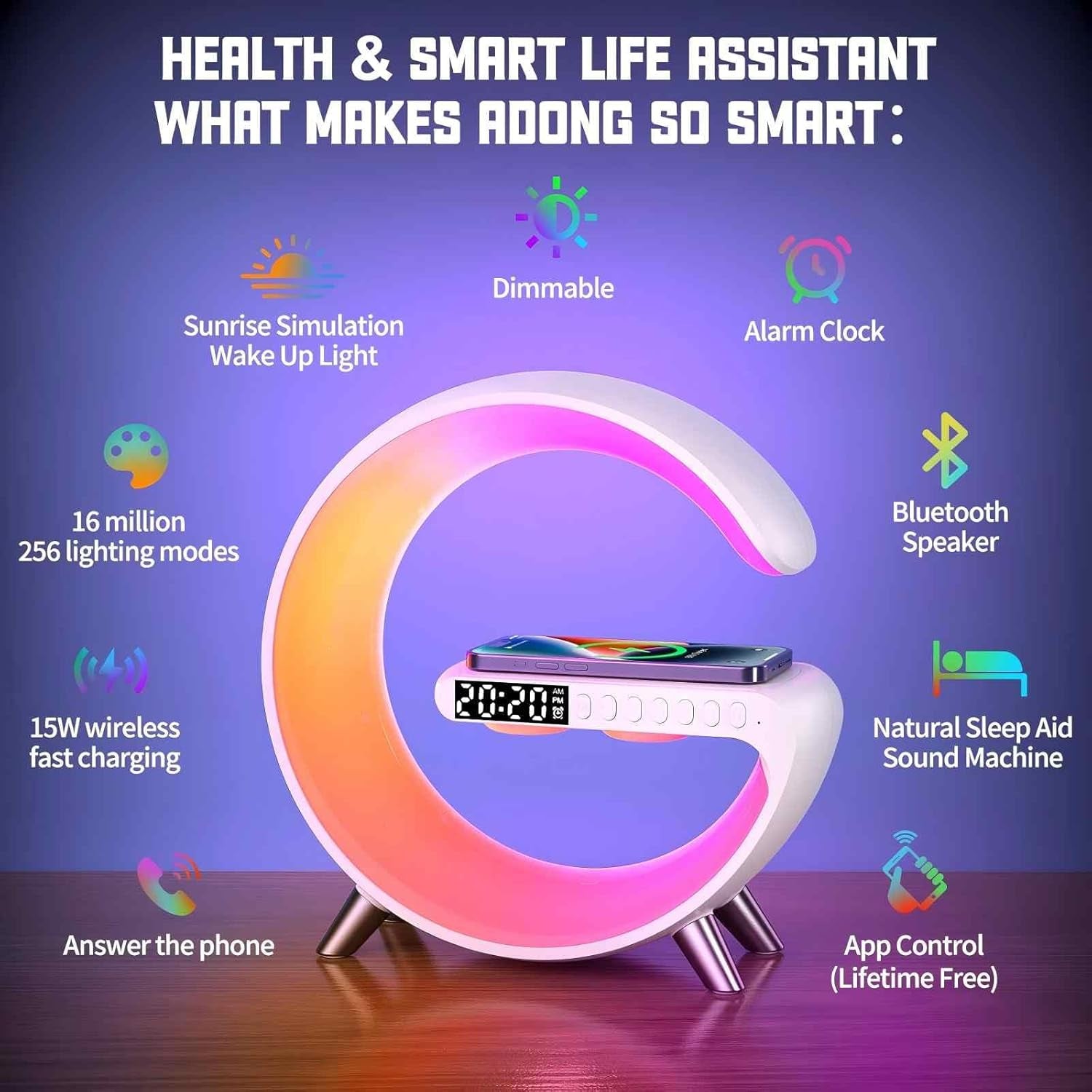 Bluetooth Speaker Lamp with Wireless Charger, RGB Night Light, Alarm Clock, App Control - White