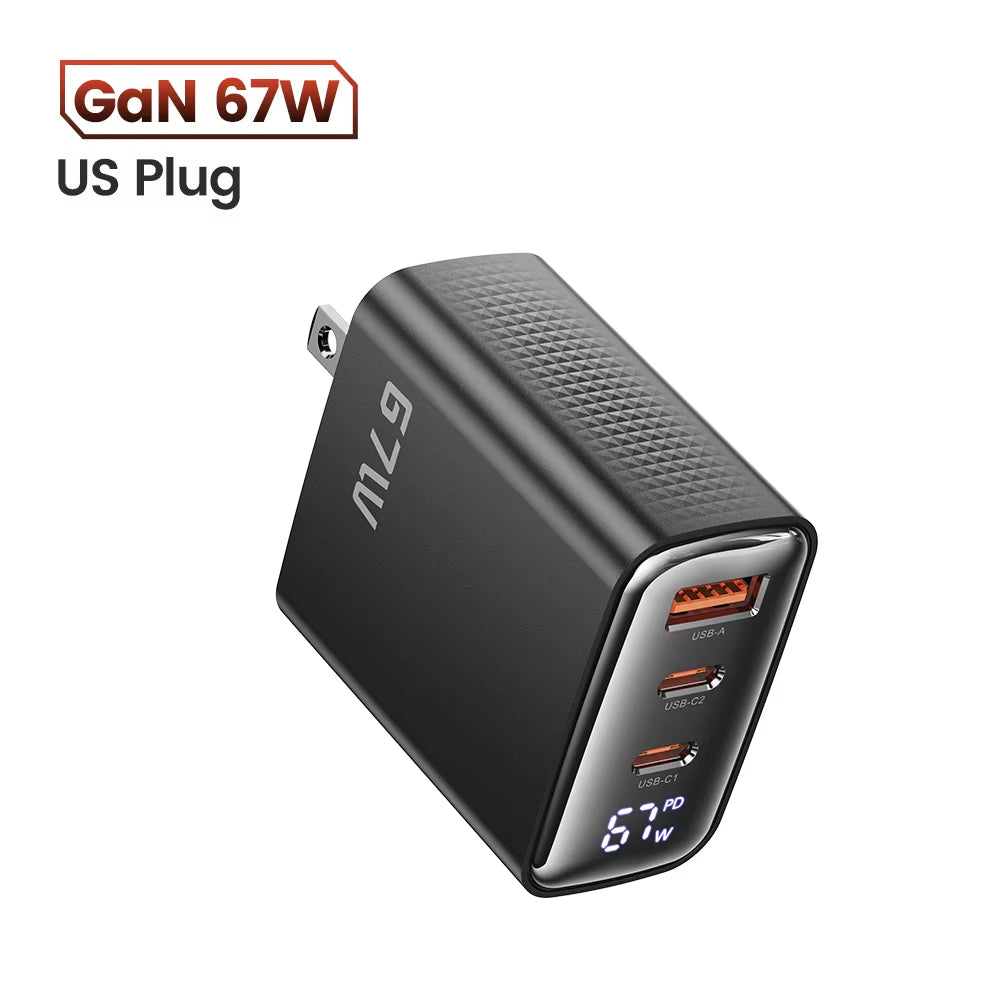 67W GaN Charger with Digital Display, Quick Charge 4.0/3.0, Fast Type-C USB Charger for Laptops, iPhone, Samsung, Xiaomi, Realme, and POCO