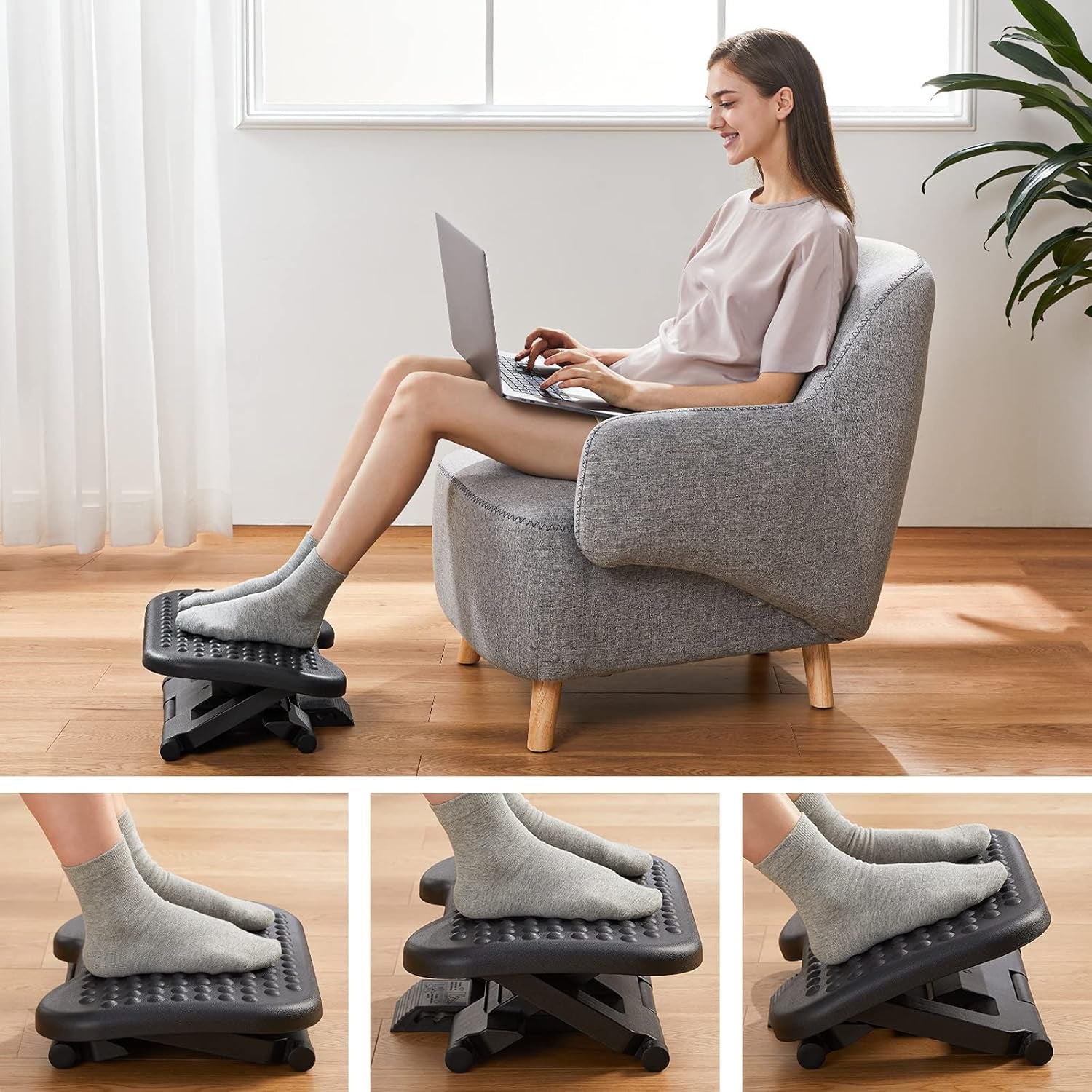 Improve comfort with an Adjustable Under Desk Footrest that offers flexible height support & ease leg strain with a tilting design.