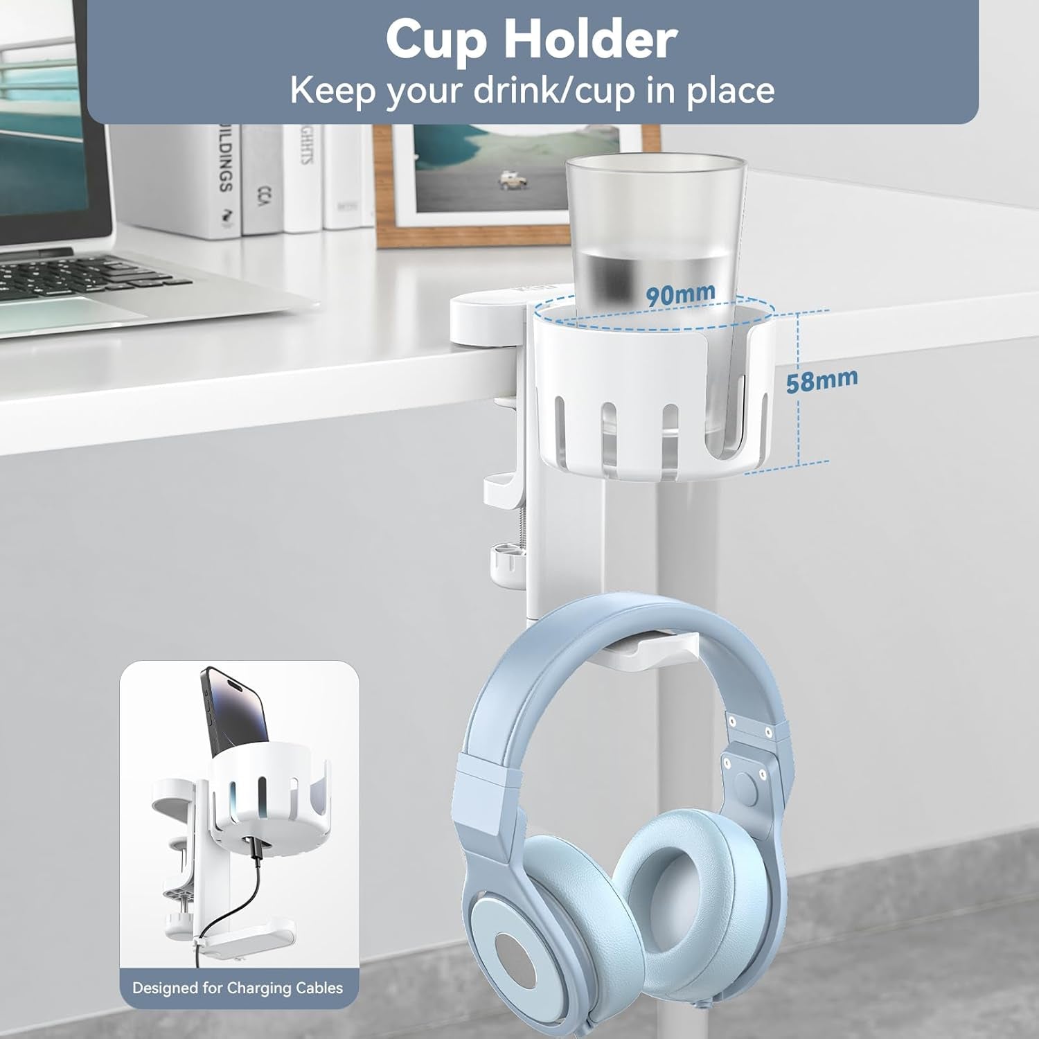 Organize your workspace with a 3-in-1 Rotating Desk Hanger for headsets and controllers with clamp-on installation & cable control.