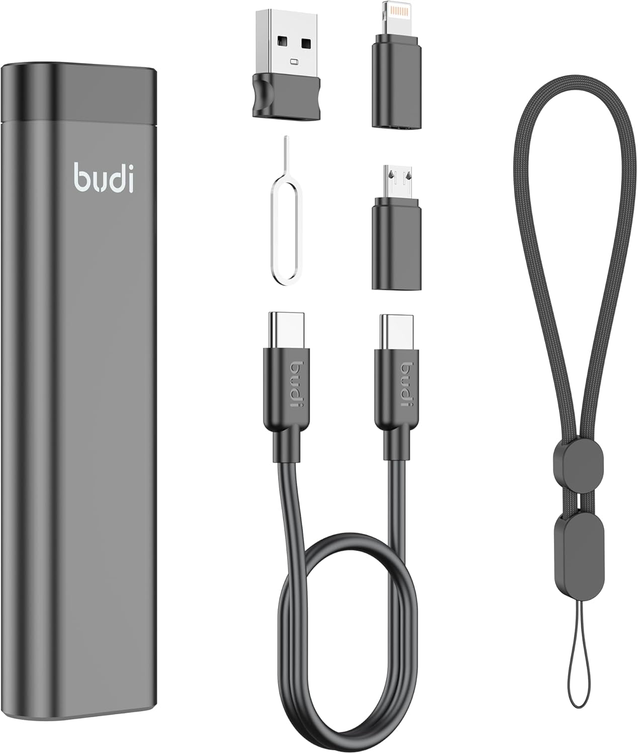 Simplify your journey with Multi Functional Budi Travel Stick, featuring fast charging support, adapters, data sync & a storage kit.