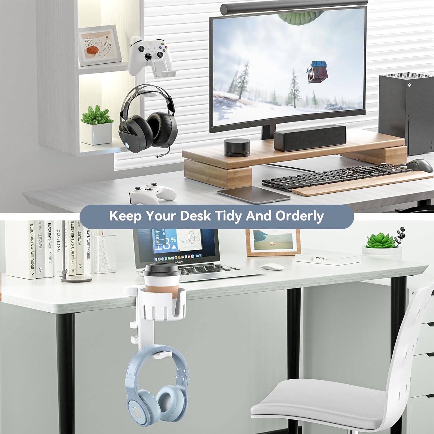 Organize your workspace with a 3-in-1 Rotating Desk Hanger for headsets and controllers with clamp-on installation & cable control.