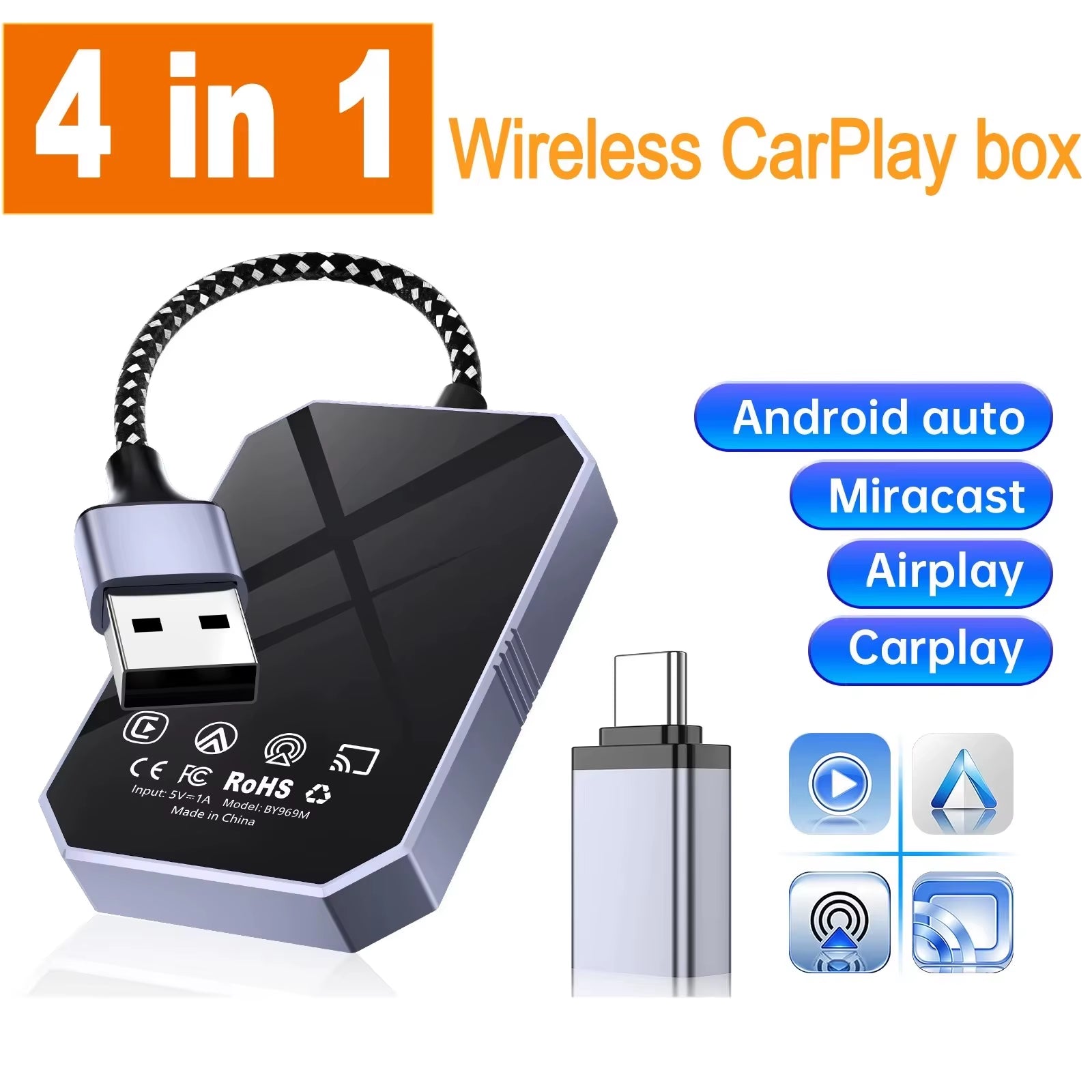 4 in 1 Wireless Carplay Adapter Android Auto Smart Box Car Stereo for Mercedes Benz for Volkswagen for Volvo for Hyundai for VW