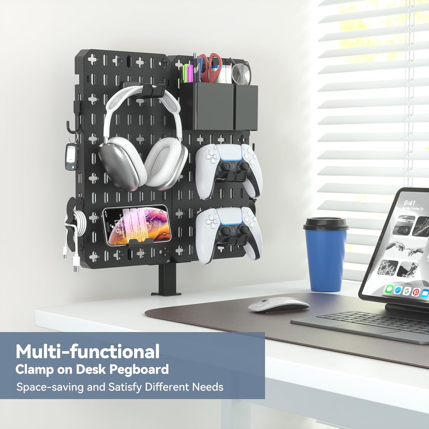 Upgrade your desk without drilling. The 7-in-1 Clamp-On Desk Pegboard saves space & keeps all daily essentials neatly organized.