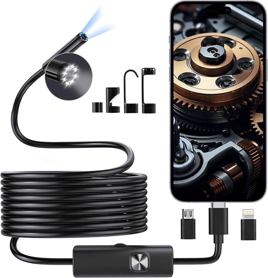 Shop a Flexible Cable LED Borescope Camera with dimmable lights to inspect tight spaces using your iPhone or Android phone.
