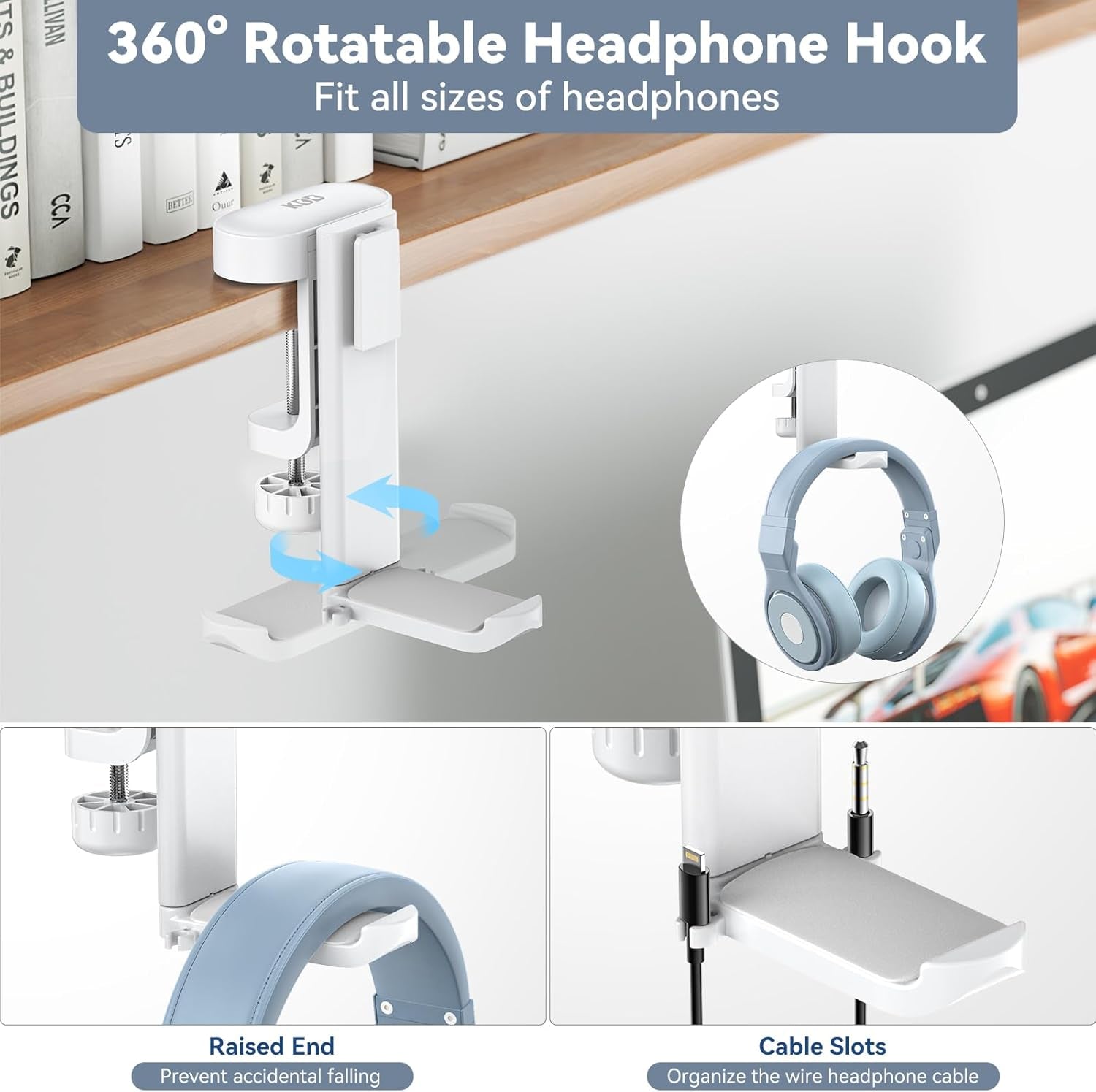 Organize your workspace with a 3-in-1 Rotating Desk Hanger for headsets and controllers with clamp-on installation & cable control.