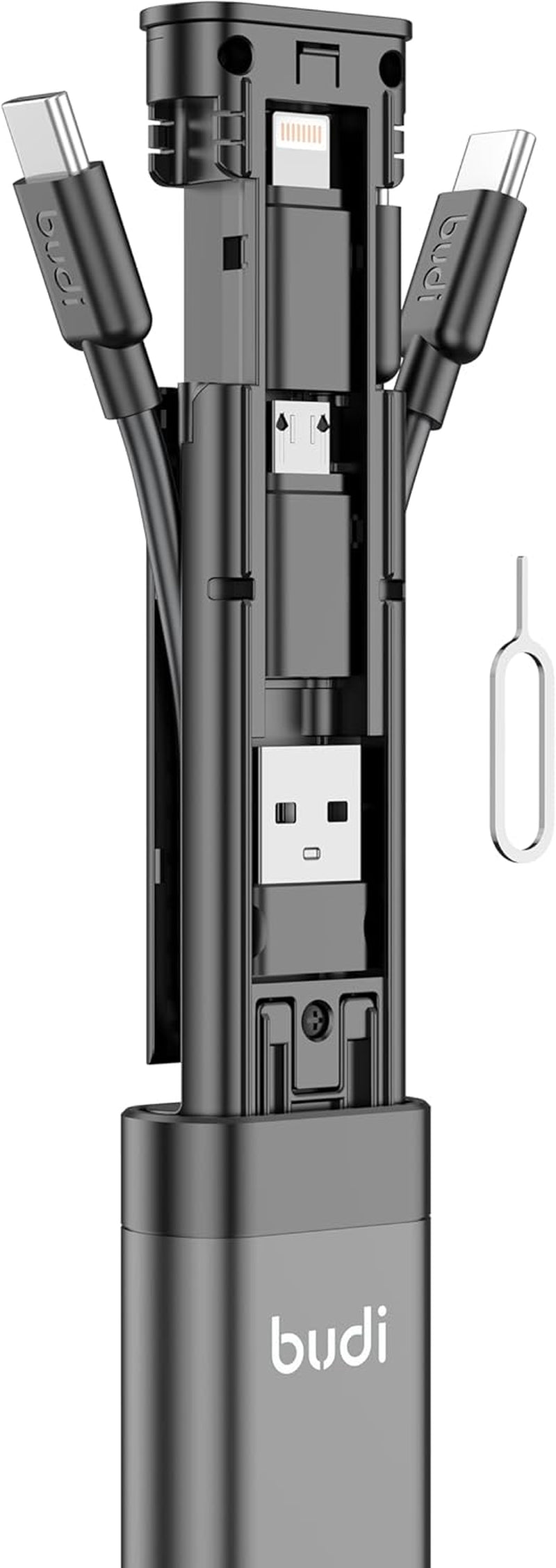 Simplify your journey with Multi Functional Budi Travel Stick, featuring fast charging support, adapters, data sync & a storage kit.