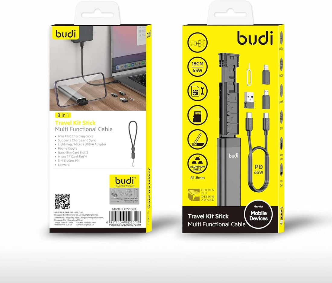 Simplify your journey with Multi Functional Budi Travel Stick, featuring fast charging support, adapters, data sync & a storage kit.