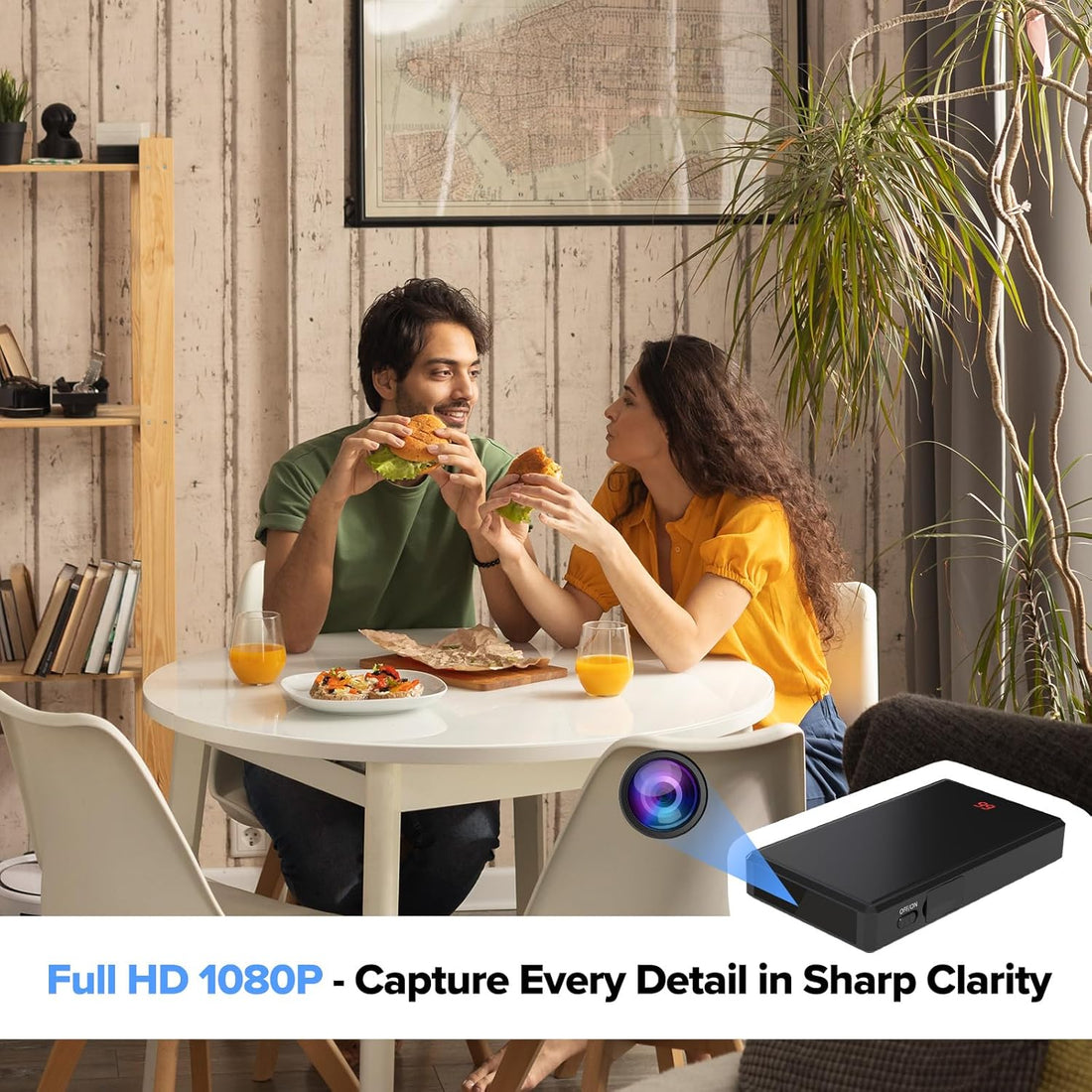 Monitor your space with a portable Full HD 1080p Charger Camera that supports night recording and easy mobile viewing.