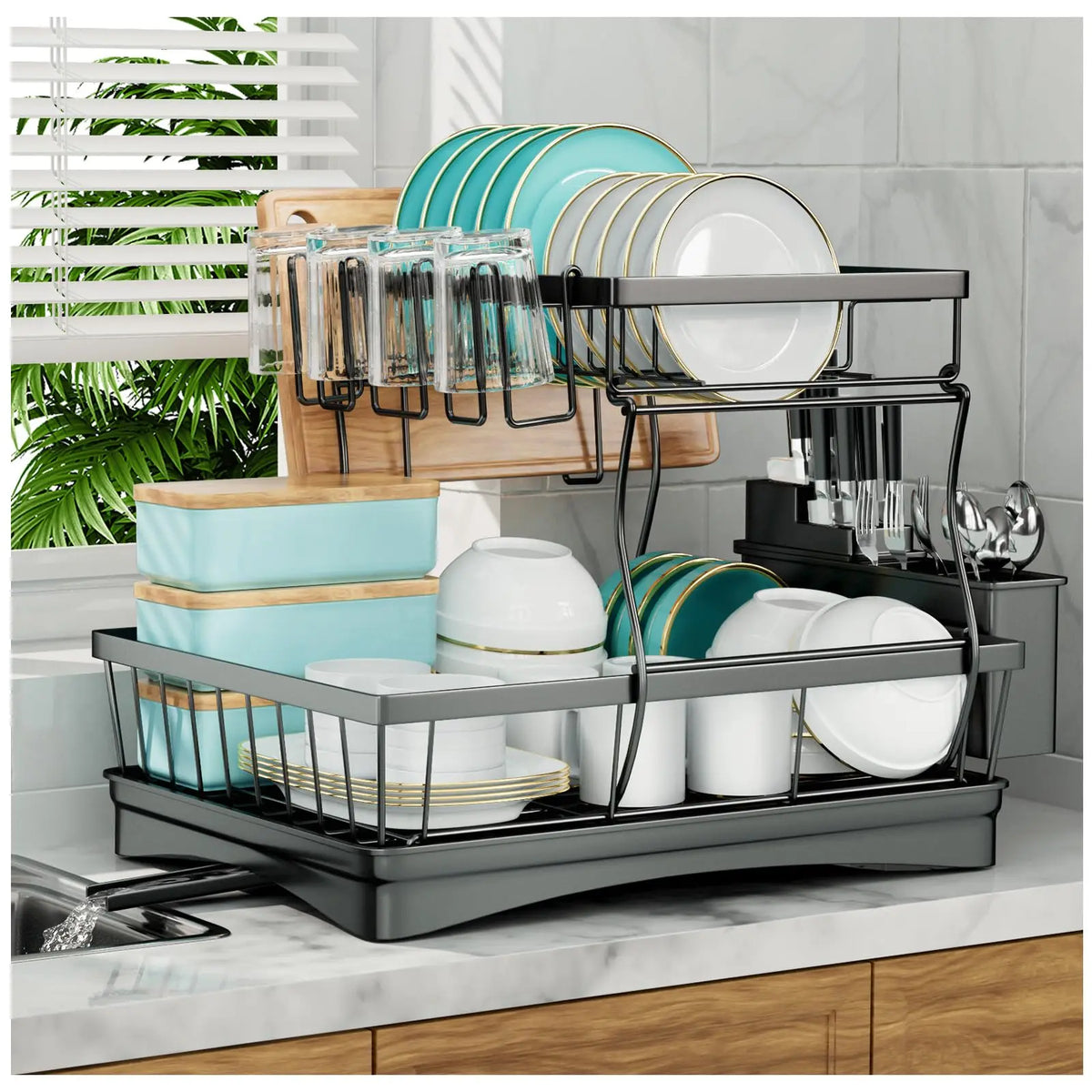 2-Tier Dish Drying Rack with Drainage Spout